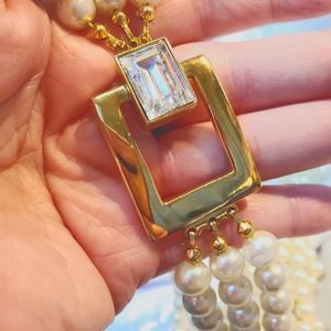 Triple Strand Faux Pearls Rhinestone Clasp Vintage Designer Unsigned